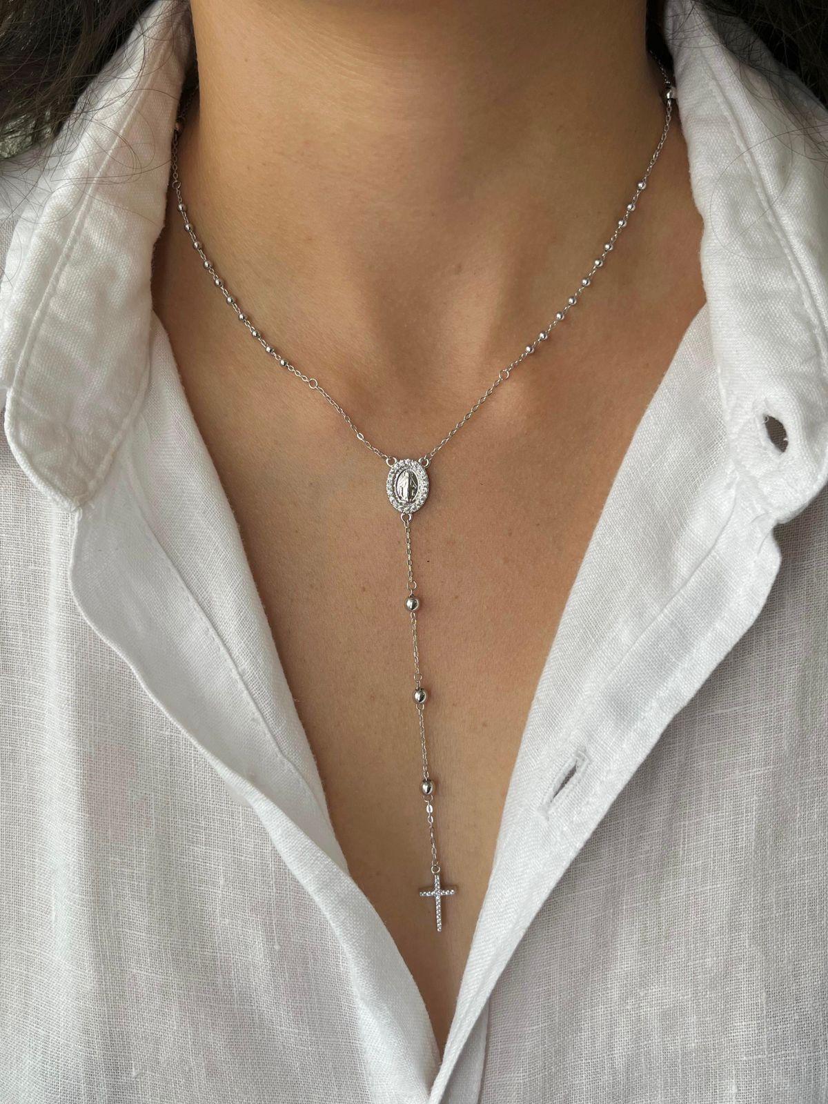 COLAR TERÇO ELOS COM BOLINHAS NOSSA SENHORA DE FATIMA PRATA 925 850760