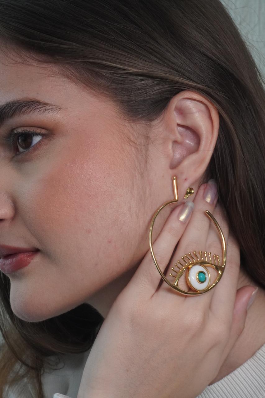 ARGOLA OLHO GREGO ONIX C DOURADO ANNA PRATA  IND